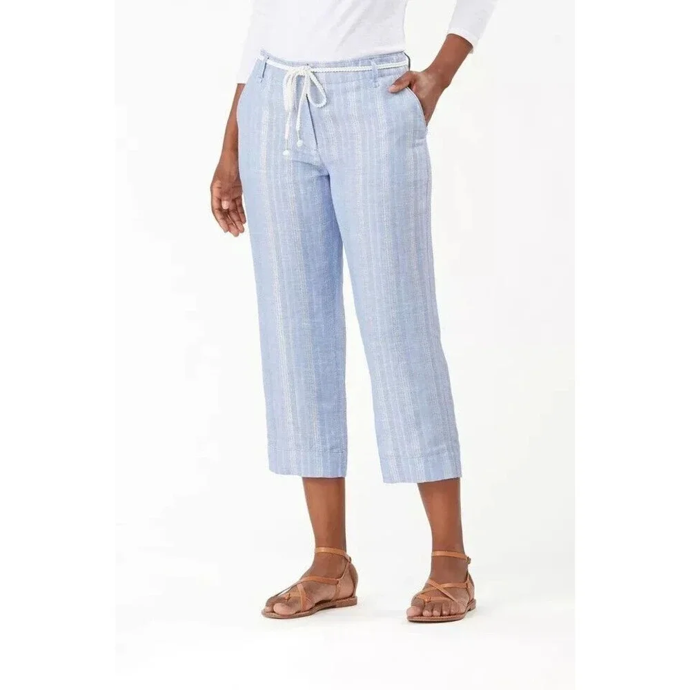 Tommy Bahama Linen Blend Wide Leg Cropped Pants Womens 6 Blue Silver Stripes